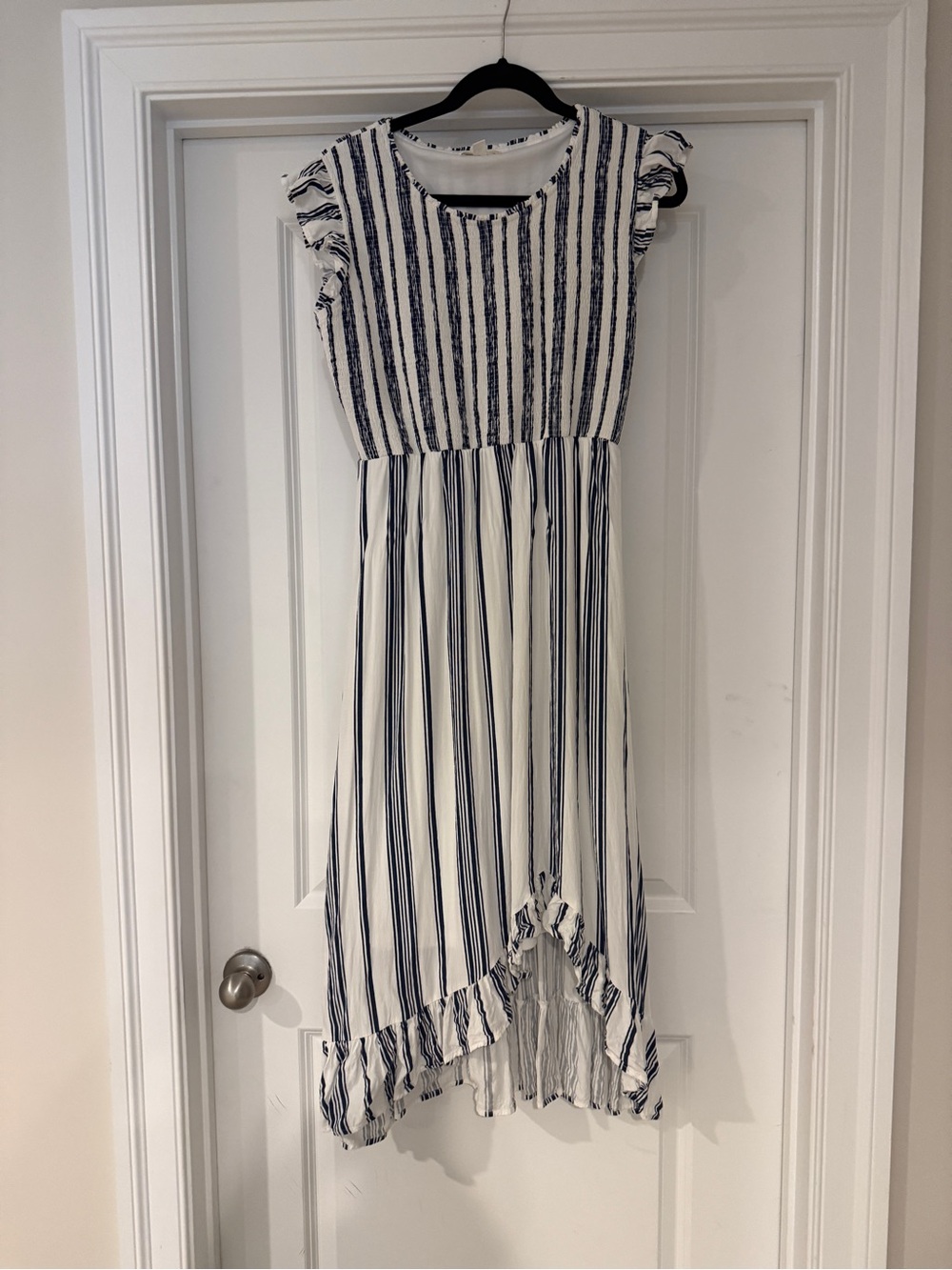 Böhme Navy and White Stripe Ruffle High-Low Dress - Medium